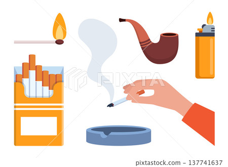 Smoking icons set. Colorful signs no smoking, cigarette, pack, lighter, nicotine, tobacco, cigar and pipe. Design elements for app or website. Vector illustration Smoking icons set. Colorful signs no smoking, cigarette, pack, lighter, nicotine, tobacco, cigar and pipe. Design elements for app or website. Vector illustration 137741637