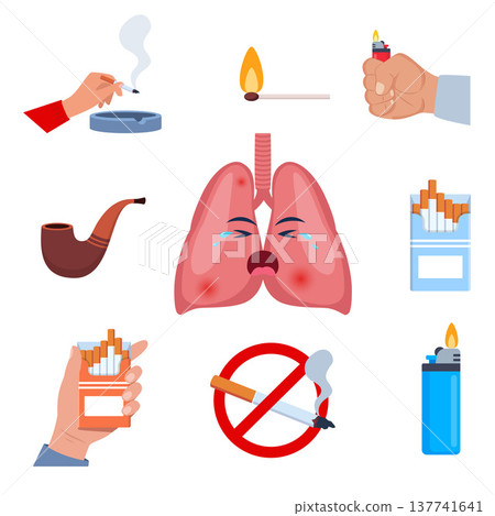 Harm of smoking icons set. Smoking-affected lungs. Colorful signs no smoking, cigarette, pack, lighter, nicotine, tobacco, cigar and pipe. Design elements for app or website. Vector illustration 137741641