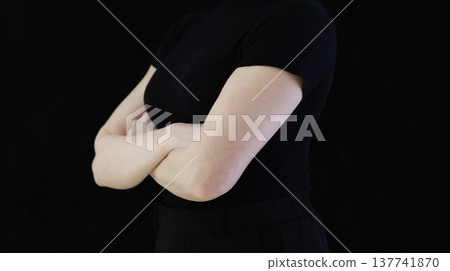 Confident Female Hand Pointing Forward in Minimal Studio Setting on Black Background, Concept of Attention and Direction Confident Female Hand Pointing Forward in Minimal Studio Setting on Black Background, Concept of Attention and Direction 137741870
