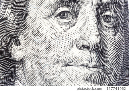 Portrait of Benjamin Franklin on one hundred dollar bill close-u Portrait of Benjamin Franklin on one hundred dollar bill close-u 137741962