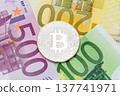 Silver Bitcoin close-up. Euro currency as a background. Macro ph 137741971