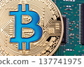 Golden Bitcoin currency on a circuit board background. 137741975