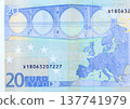 Twenty euro banknote macro fragment, back side. 137741979