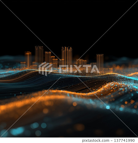 Abstract city skyline forming from data particles. Glowing particles forming a futuristic cityscape with emerging skyscrapers on a dark background 137741990