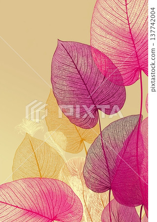 Abstract skeletal leaves creating a vibrant creative design. Transparent leaves in pink and yellow hues forming an elegant artistic background Abstract skeletal leaves creating a vibrant creative design. Transparent leaves in pink and yellow hues forming an elegant artistic background 137742004