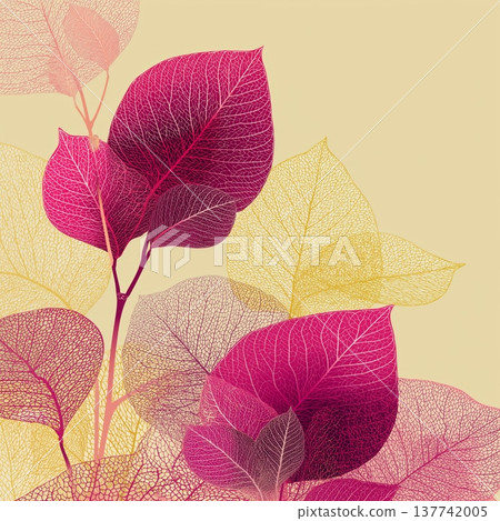 Abstract skeletal leaves creating a vibrant creative design. Transparent leaves in pink and yellow hues forming an elegant artistic background Abstract skeletal leaves creating a vibrant creative design. Transparent leaves in pink and yellow hues forming an elegant artistic background 137742005