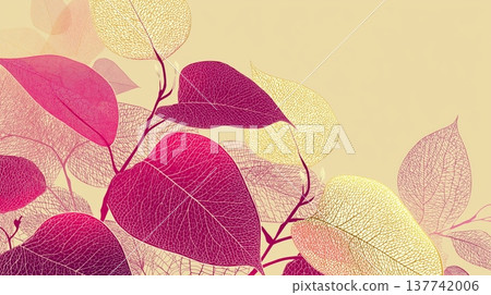 Abstract skeletal leaves creating a vibrant creative design. Transparent leaves in pink and yellow hues forming an elegant artistic background 137742006