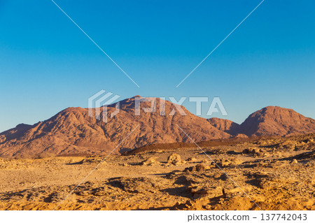 View of Arabian desert and mountain range Red Sea Hills in Egypt View of Arabian desert and mountain range Red Sea Hills in Egypt 137742043