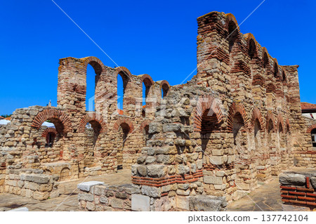 Byzantine Church of Saint Sophia, also known as the Old Bishopric in the old town of Nessebar, Bulgaria. UNESCO World Heritage Site Byzantine Church of Saint Sophia, also known as the Old Bishopric in the old town of Nessebar, Bulgaria. UNESCO World Heritage Site 137742104