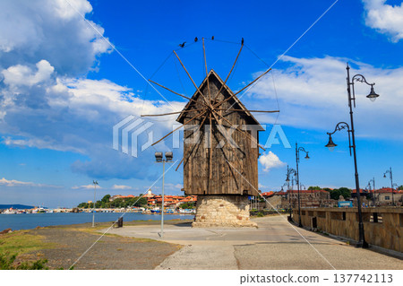Old wooden windmill in the old town of Nessebar, Bulgaria 137742113
