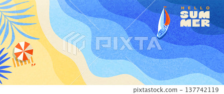 Greeting summer textured banner. Wavy sea, beach with sand, yacht for great holiday. Happy summer theme. Bright positive vibe design. Template for sales, posters, covers, ads. Vector illustration. Greeting summer textured banner. Wavy sea, beach with sand, yacht for great holiday. Happy summer theme. Bright positive vibe design. Template for sales, posters, covers, ads. Vector illustration. 137742119