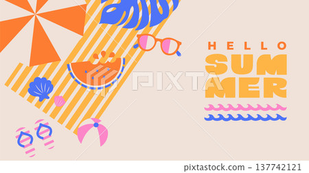 Greeting summer banner. Beach top view with beach umbrella, sunglasses, watermelon, seashells and ball. Summer positive vibe design. Template for sales, posters, covers, ads. Vector illustration. Greeting summer banner. Beach top view with beach umbrella, sunglasses, watermelon, seashells and ball. Summer positive vibe design. Template for sales, posters, covers, ads. Vector illustration. 137742121