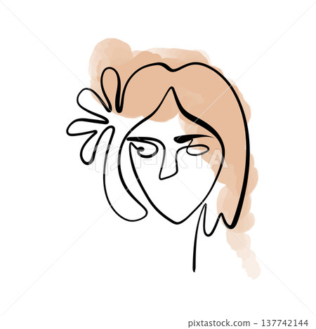 A line drawing of an abstract girl with flowers, drawn in one line. Minimalistic A line drawing of an abstract girl with flowers, drawn in one line. Minimalistic 137742144