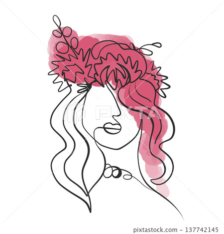 A line drawing of an abstract girl with flowers, drawn in one line. Minimalistic A line drawing of an abstract girl with flowers, drawn in one line. Minimalistic 137742145
