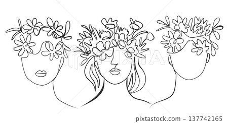 A set of abstract girls with flowers, drawn in single lines. Minimalistic A set of abstract girls with flowers, drawn in single lines. Minimalistic 137742165