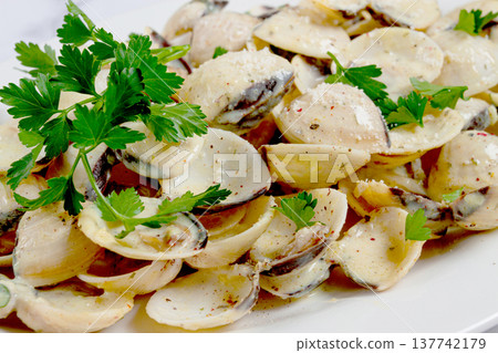 vongole clams, in cream sauce, on a white plate, homemade, top view, no people, vongole clams, in cream sauce, on a white plate, homemade, top view, no people, 137742179