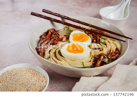 buckwheat noodles soba with shimeji mushrooms, with boiled egg, green onion, sesame seeds, homemade, without people, buckwheat noodles soba with shimeji mushrooms, with boiled egg, green onion, sesame seeds, homemade, without people, 137742196