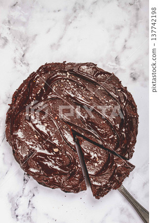 chocolate cake, round cake, on a marble light table, top view, homemade cakes, no people, 137742198