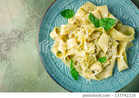 pasta papardelle, with pesto and parmesan cheese, homemade, no people, pasta papardelle, with pesto and parmesan cheese, homemade, no people, 137742216
