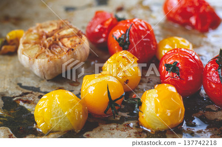 baked cherry tomatoes, in the oven, on a baking sheet, with olive oil and spices, close-up, selective focus, homemade, no people, baked cherry tomatoes, in the oven, on a baking sheet, with olive oil and spices, close-up, selective focus, homemade, no people, 137742218