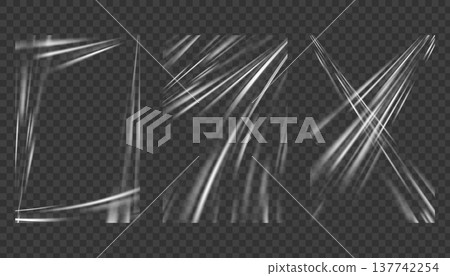 Transparent plastic wrap with realistic wrinkles with glossy overlay effect. Clear film texture perfect for modern packaging mockups and creative designs. Vector illustration Transparent plastic wrap with realistic wrinkles with glossy overlay effect. Clear film texture perfect for modern packaging mockups and creative designs. Vector illustration 137742254