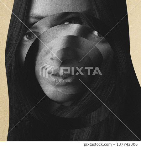 Woman's face distorting with spiral effect abstract identity Woman's face distorting with spiral effect abstract identity 137742306