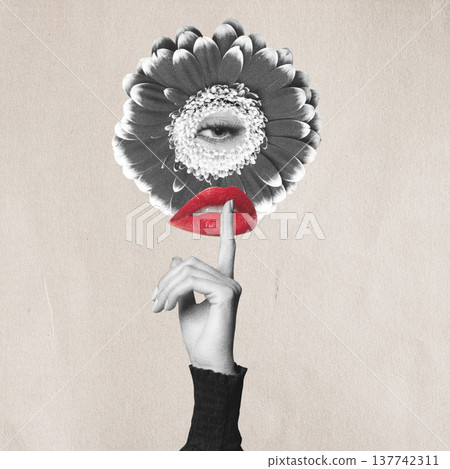 Surreal collage with flower eye and red lips commanding silence 137742311