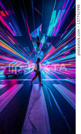 Cyberpunk night walker in a neon-lit city. A person dressed in a dark hooded cloak walks across a rain-slicked street in a neon-lit cityscape.  137742496