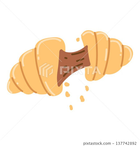 Croissant with chocolate filling, pastry cut in half with crumbs, fresh bakery. Croissant with chocolate filling, pastry cut in half with crumbs, fresh bakery. 137742892