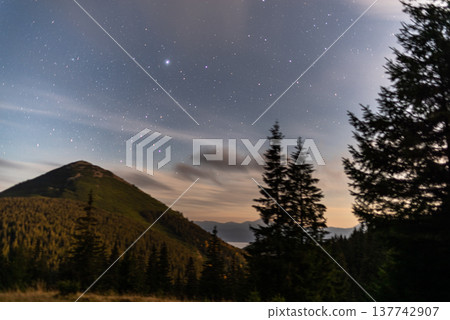 Starry night over mountain peak with coniferous forest and light clouds. Starry night over mountain peak with coniferous forest and light clouds. 137742907
