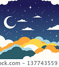 Moon, Asian clouds, stars, moonlit night sky background. Hand drawn vector illustration. Qixi 137743559