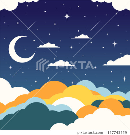 Moon, Asian clouds, stars, moonlit night sky background. Hand drawn vector illustration. Qixi 137743559