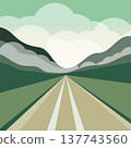 Empty road among field and meadow with green grass, mountains and sky with clouds. Cartoon summer vector scenery 137743560