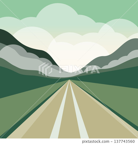Empty road among field and meadow with green grass, mountains and sky with clouds. Cartoon summer vector scenery 137743560