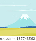 Japan tourism poster, mount Fuji, cherry blossom and Jinja in screen printing style. Springtime panorama 137743562
