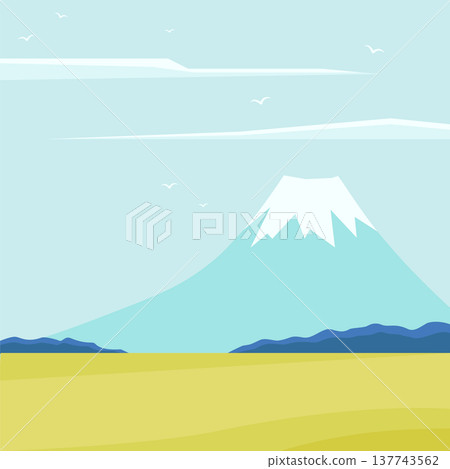 Japan tourism poster, mount Fuji, cherry blossom and Jinja in screen printing style. Springtime panorama 137743562