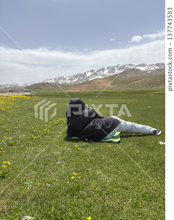 Woman mountain landscape. High quality photo 137743583