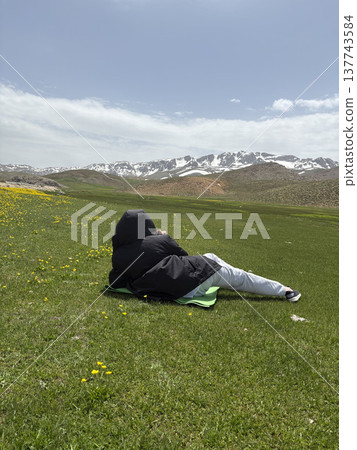 Woman mountain landscape. High quality photo Woman mountain landscape. High quality photo 137743584