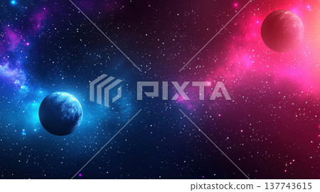 Vibrant cosmic space with blue and pink planets, glowing nebula and stars in deep galaxy 137743615