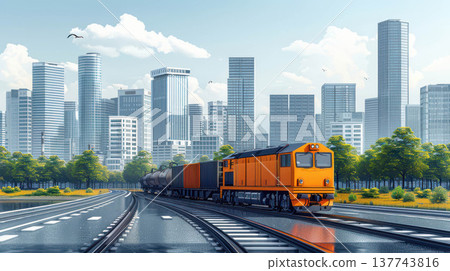 Freight train with cargo containers passing green urban skyline, modern logistics and rail transportation 137743816
