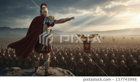 Roman general or emperor overlooking a massive army in a valley. Ancient military leader in armor and red cape commanding a legion. Historical conquest concept 137743998