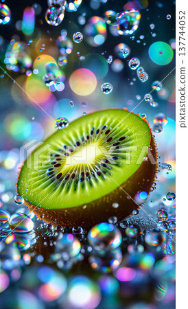 Vibrant Kiwi Slice on a Shimmering, Water-Drenched Surface. Kiwi slice  on a shimmering, water-drenched surface with radiant colors of blue, pink, yellow, and green surrounding it. 137744052