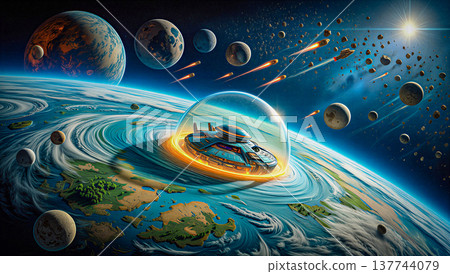 Futuristic Spaceship Hovering Over a Swirling Earth in Cosmic Space. A futuristic spaceship with a sleek, metallic design and a transparent dome hovers over a dynamically swirling Earth.   137744079