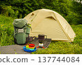 Colorful silicone camping tableware and stove set on a mat by a tent. 137744084