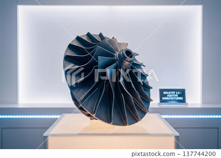 Intricate metal 3d printed aircraft turbine wheel displayed on lit pedestal 137744200