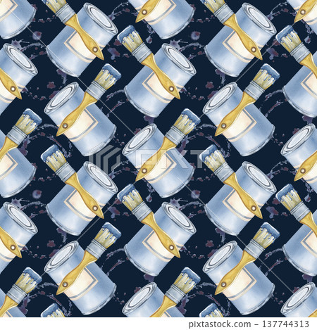 Seamless drawing with cans of paint, brushes and patches of blue paint on a blue background. Watercolor illustration with working tools for repairs. Realistic background for wallpaper, packaging and Seamless drawing with cans of paint, brushes and patches of blue paint on a blue background. Watercolor illustration with working tools for repairs. Realistic background for wallpaper, packaging and 137744313