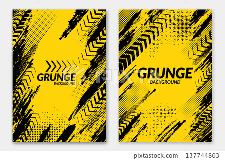 Yellow posters with dot halftone, arrows and grunge dirt elements. Urban style modern grunge banner. Drive and speed modern creative wallpaper for your graphic design, banner or poster. Vector 137744803