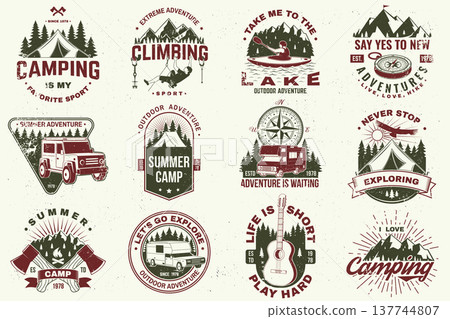 Set of logo, badge design with inspirational adventure quotes. Camping quote. Vector illustration. Concept for shirt or logo, print, stamp or tee. Vintage typography design with tent, camper, climbing 137744807