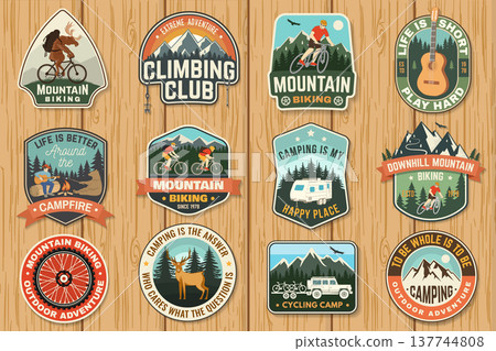 Set of Outdoor Adventure Badges, patches, stickers. Vector. Concept for shirt or logo, print, stamp or tee. Vintage typography design with man riding bike, forest, camping, climbing and mountain Set of Outdoor Adventure Badges, patches, stickers. Vector. Concept for shirt or logo, print, stamp or tee. Vintage typography design with man riding bike, forest, camping, climbing and mountain 137744808