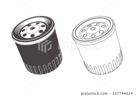 Automobile Oil filter icon isolated on white background. Vector. Concept for expert service car repair center, restoration and car club in monochrome style. Silhouette and line art 137744824